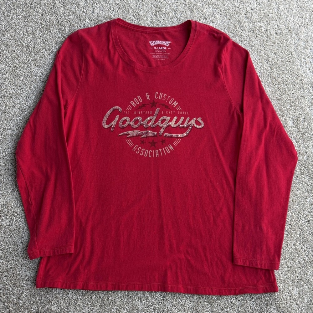 Good Guys Shirt Womens XL Red Rod & Custom Rhinestone Long Sleeve T-Shirt
